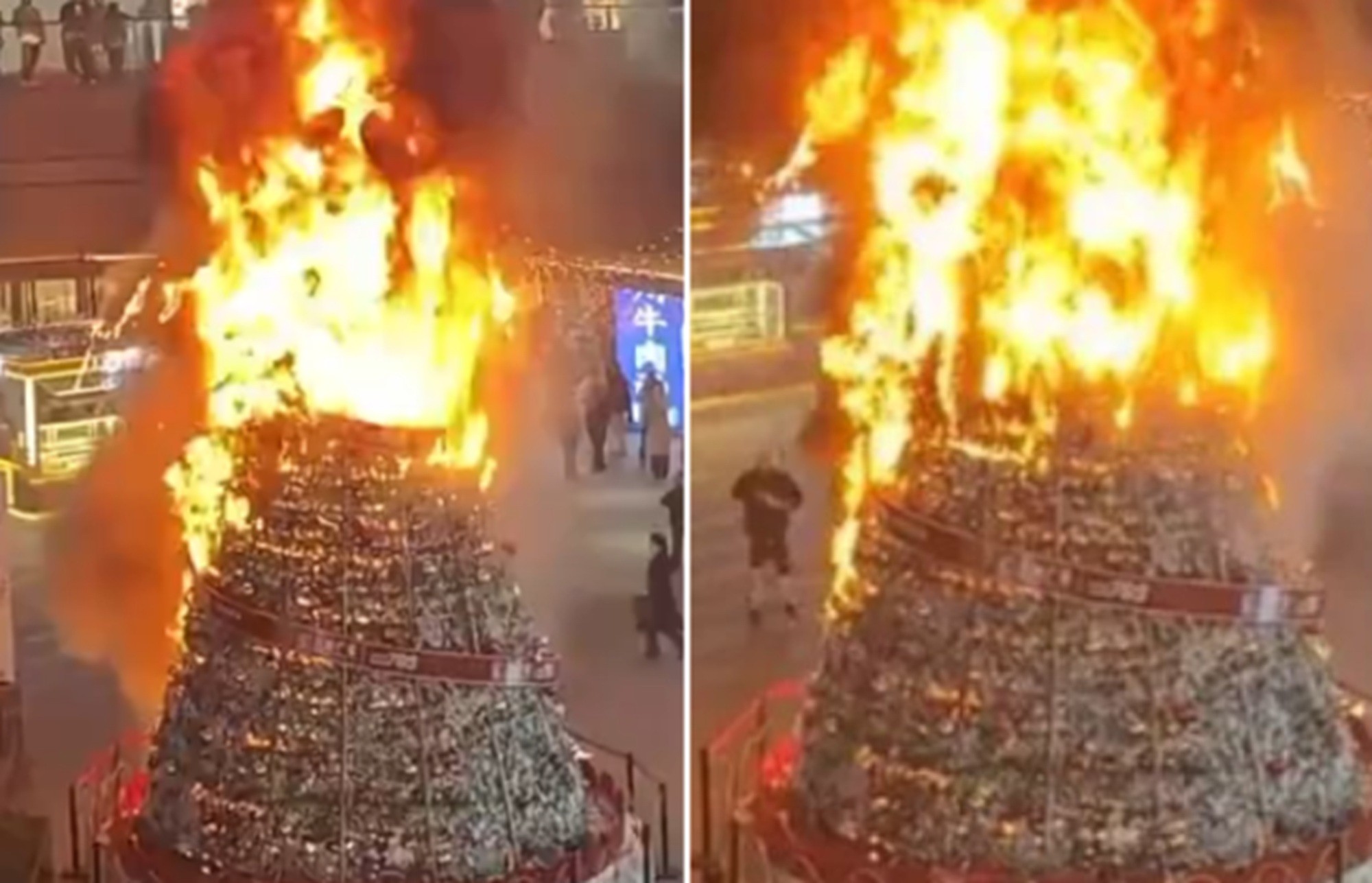 É #FAKE que muçulmanos queimaram árvore de Natal no Reino Unido; cena mostra incêndio acidental na China em 2024